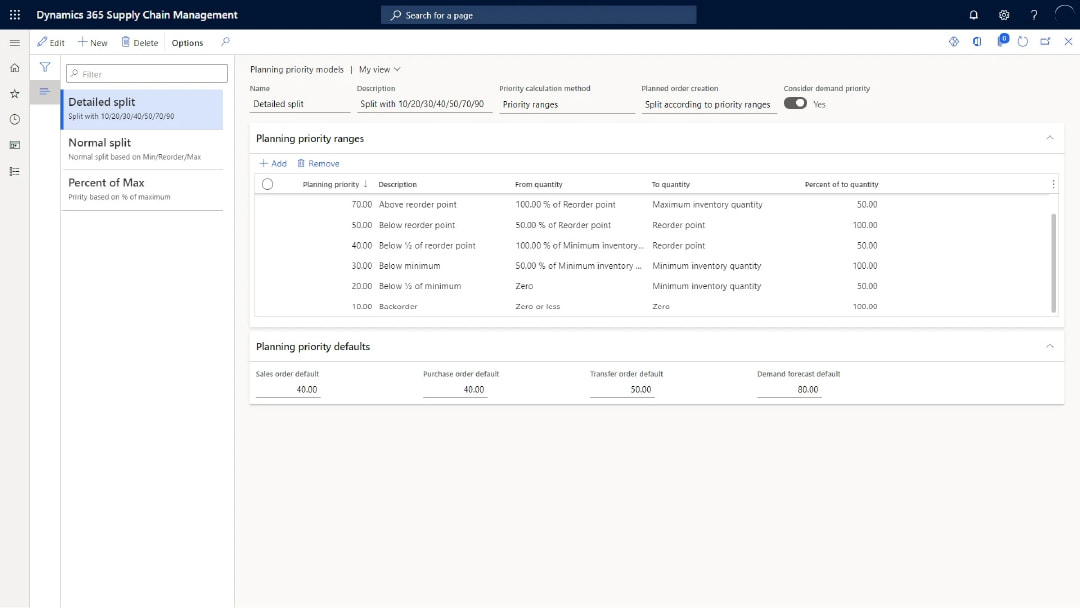 Screenshot of Microsoft Dynamics 365 supply chain management tool - detailed split view.