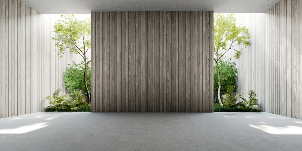 Wood wall with trees and greenery