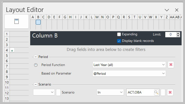 Solver Layout Editor using the period function set to Last Year all and ACT, OBA scenarios selected.