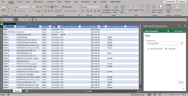 Business Central Excel filter