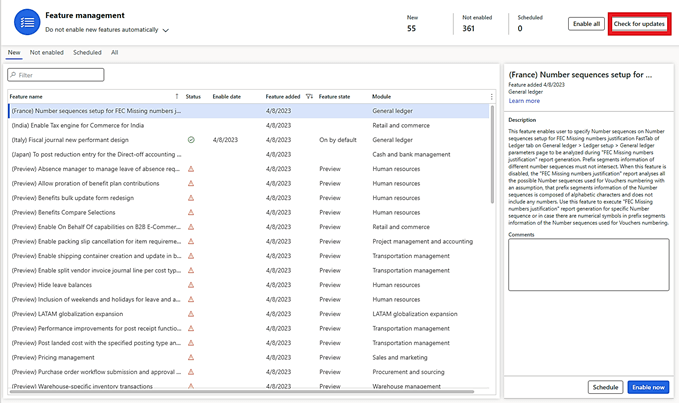 Microsoft Dynamics 365 Finance Feature Management Check for Updates