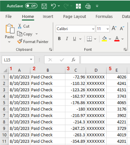 Numbered columns in bank CSV file.