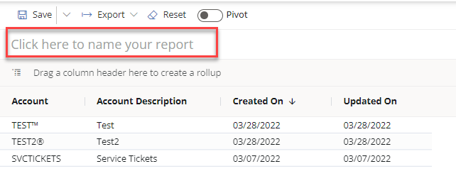 "Click here to name your report" field