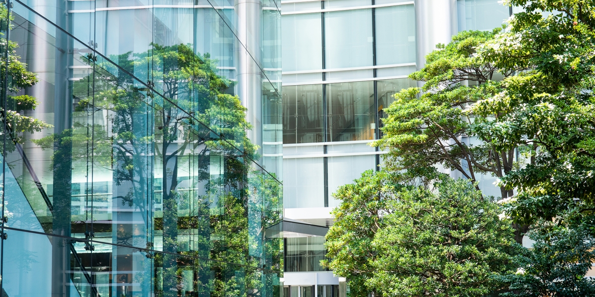 Glass building exterior and trees.
