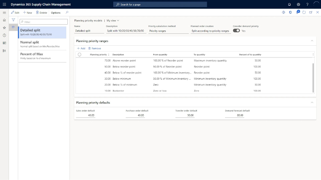 The Detailed Split view of Dynamics 365 Supply Chain Management