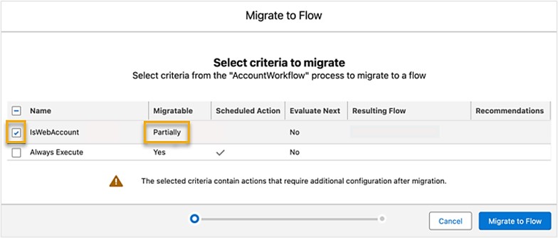 Select a process then choose Migrate to Flow or Cancel.