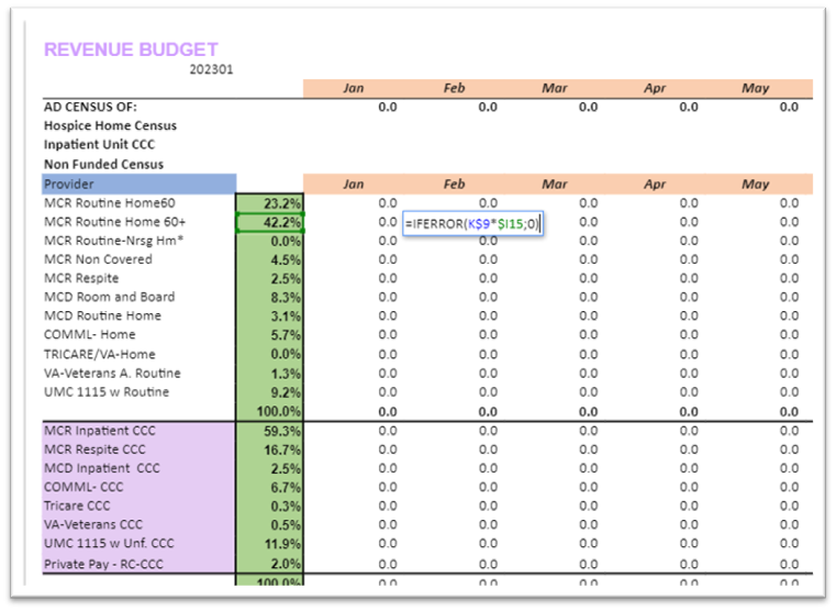 A table of Revenue Budget, which is fed information from previous input sheets