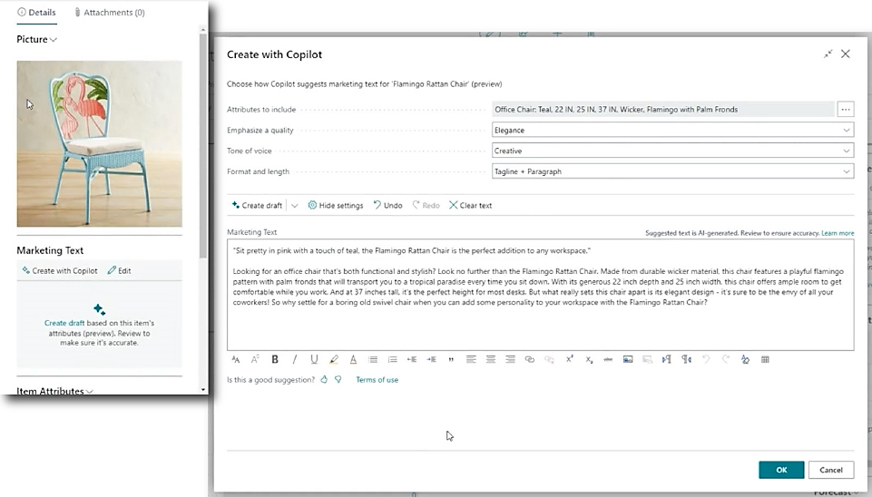 Dynamics 365 Business Central Create with Copilot Marketing Text