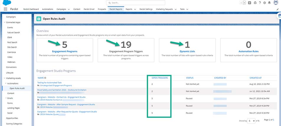 To get to the Open Rules Audit page, navigate to Reports, or Pardot Reports in the Lightning App. Then, navigate to Marketing Assets > Automations > Open Rules Audit.