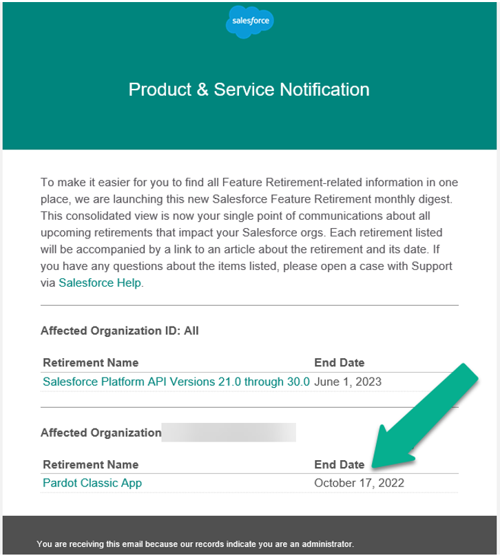 Salesforce product and service notification