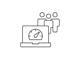 Icon of a timeclock on a laptop with outlines of people in the background, suggesting time management and teamwork.