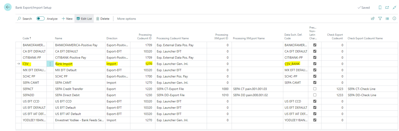 Bank Export/Import Setup screen with the new Data Exchange Definition line information highlighted.